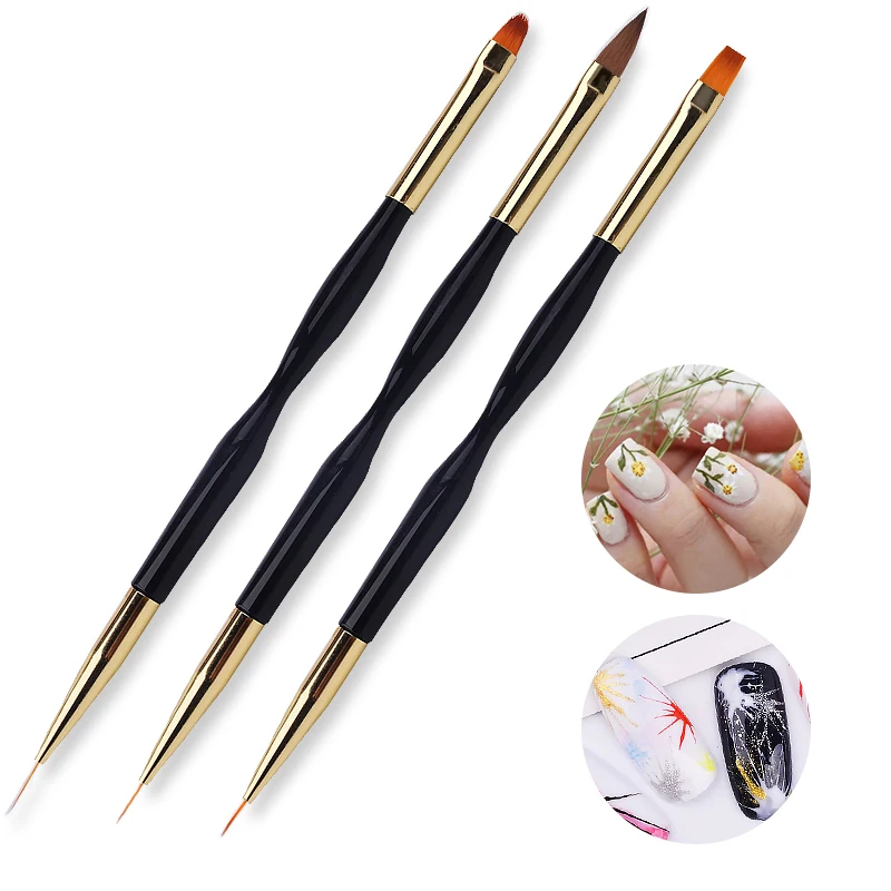 Dual-End Line Drawing Nail Art Brush Gold Black Handle UV Gel Brushes for DIY Nails 3d Carving Liner Painting Pen Manicure Tools