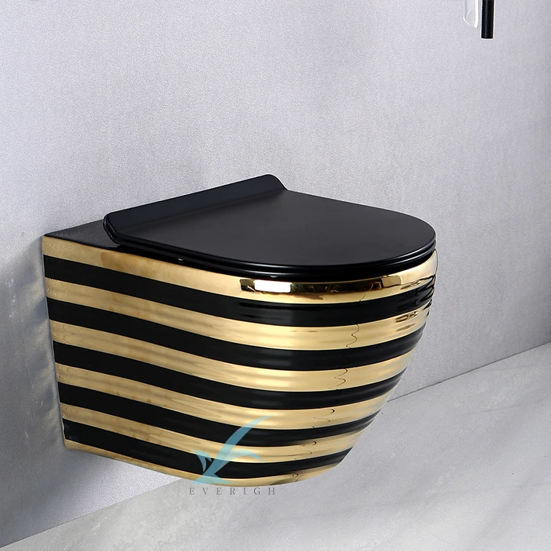 New Design Small Luxury Black Gold Plated Toilet Bowl Gold Classical Wall-Mounted Toilet Bathroom Wall Hung Toilet