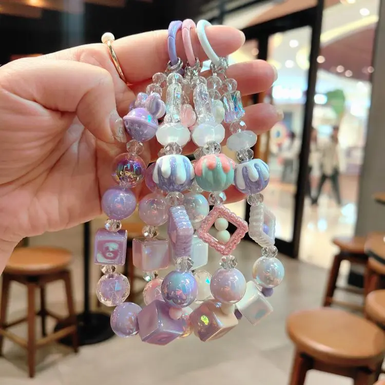 Trendy Cute Pearl Mobile Phone Chain Charm Acrylic Beaded Keychain Lanyard Strap Wristband for Bag Headphone Accessories