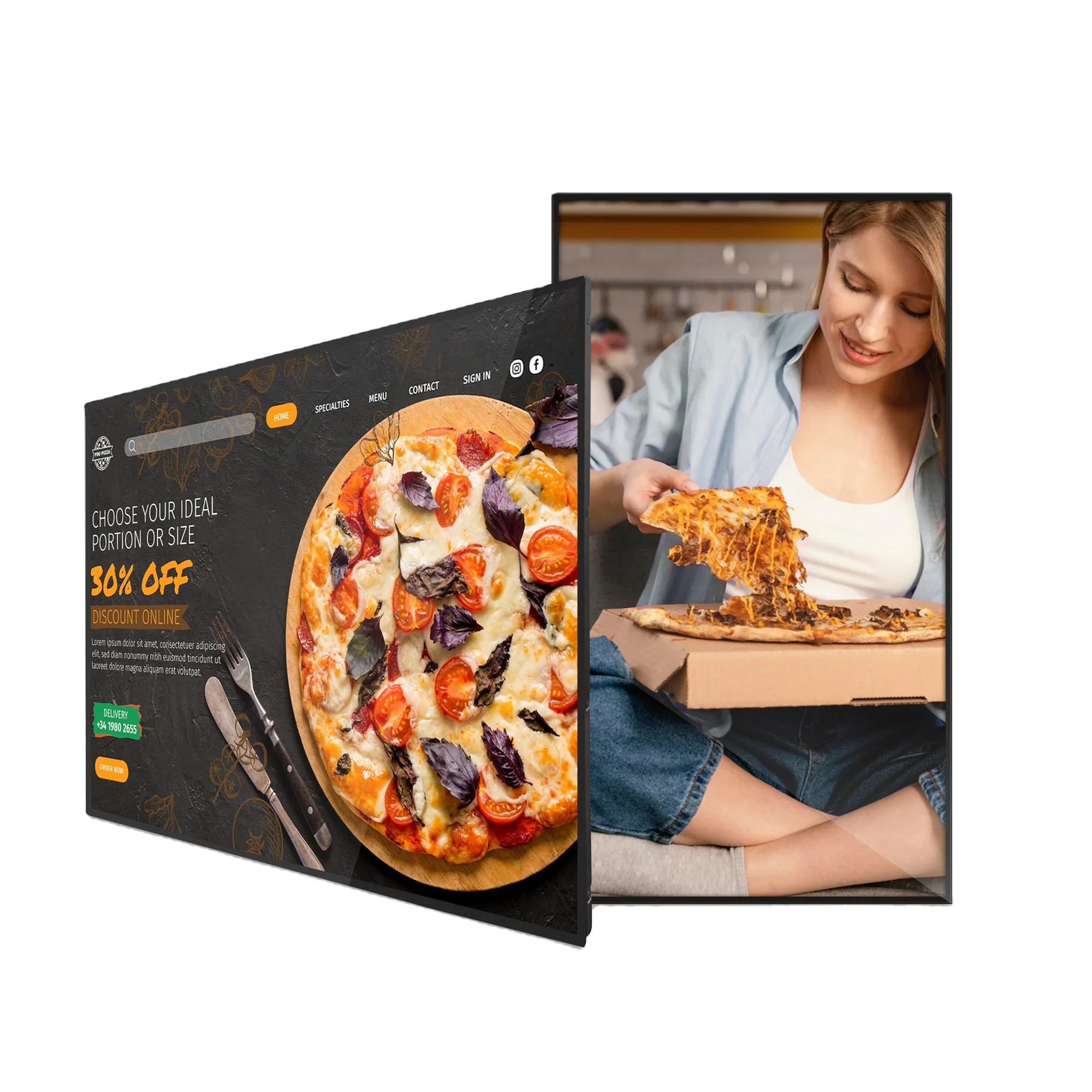 With HDMI CMS Wifi 4k ultra thin wall mount ceiling hanging menu display screen advertising display for restaurant