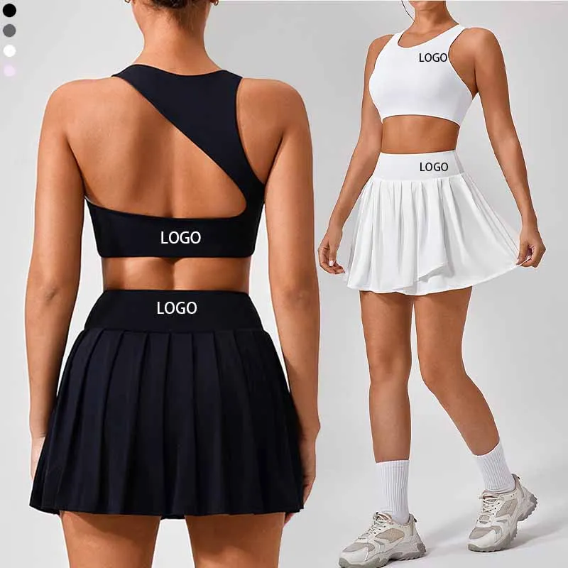 XW-YW306+KW309 Wholesalers Comfortable Beach Gym Fitness Backless Padded Bra Yoga Tennis Skirt Set Women