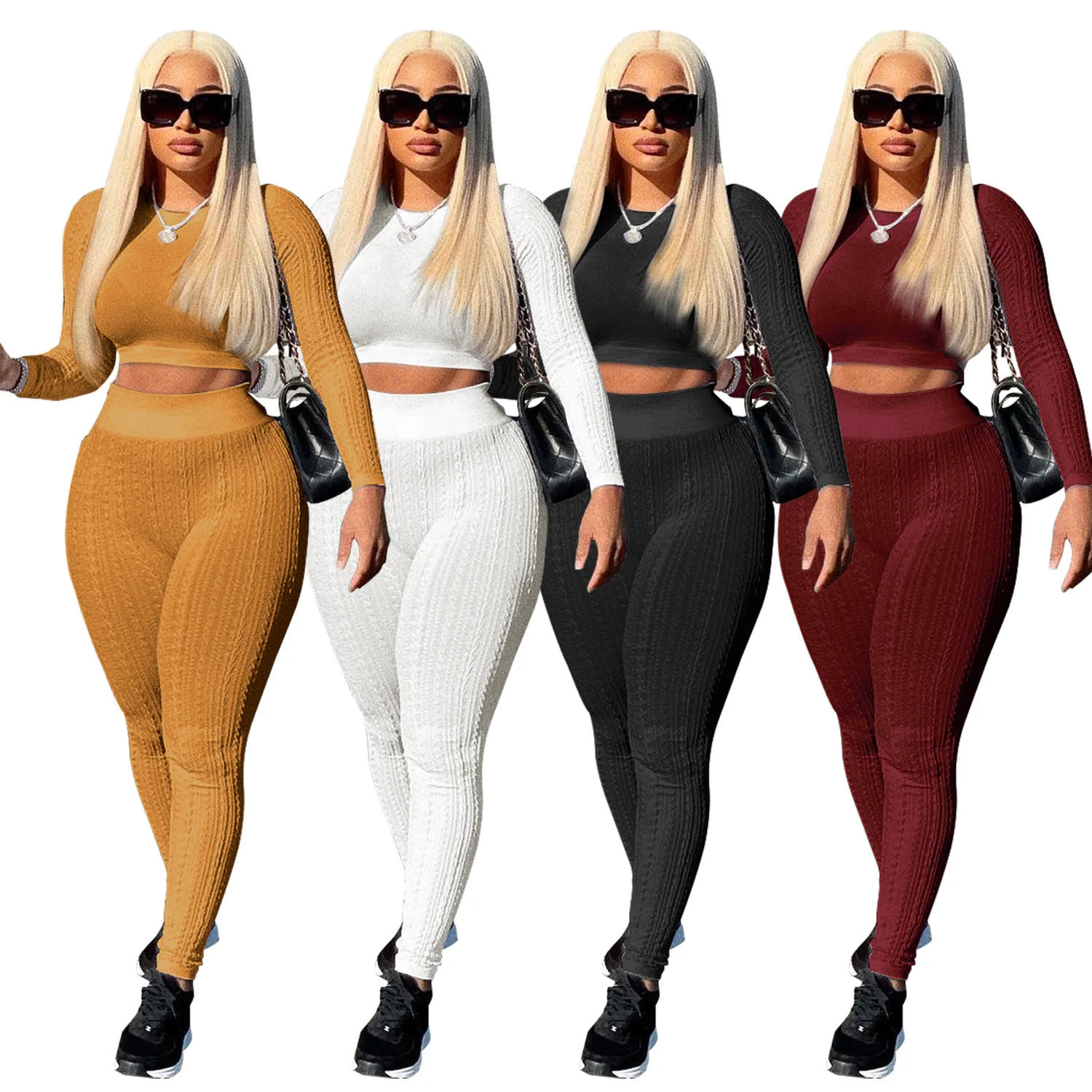 Fashion Plus Size Women Clothing Trendy Sweater Sexy Jogger Set Women Faux Fur Crop Top Tracksuit Sweatshirt Two Piece Pants Set