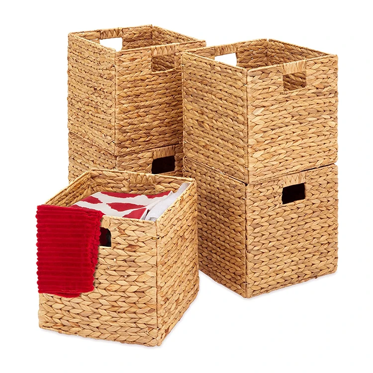 Квадратная плетеная складная корзина для хранения натурального гиацинта, складные кубические корзины для белья