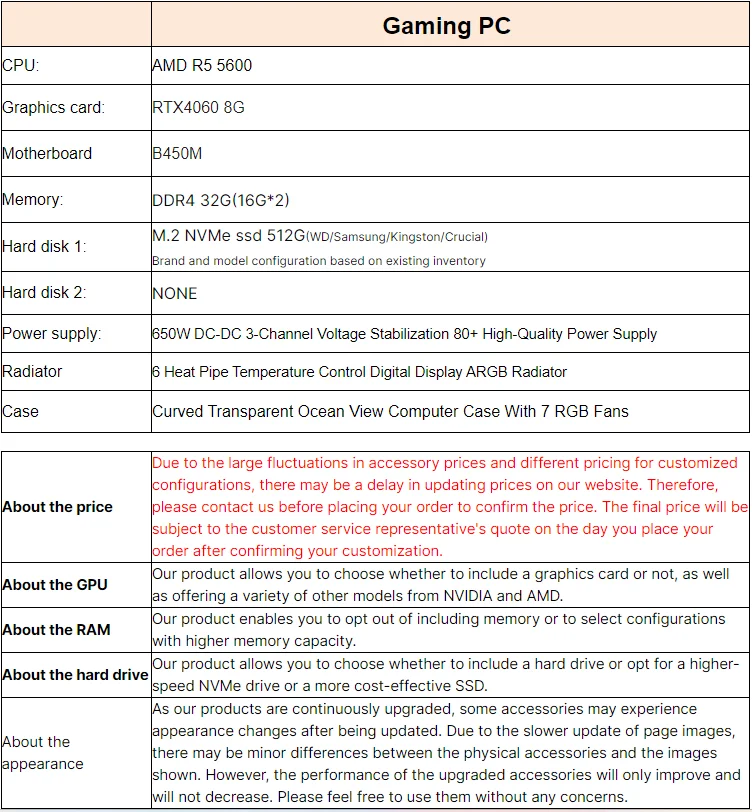 R5 5600 RTX4060 8GB DDR4 32G RGB B550 motherboard AM4 full gaming pc CUSTOM computer set equipment desktops wholesale build pc