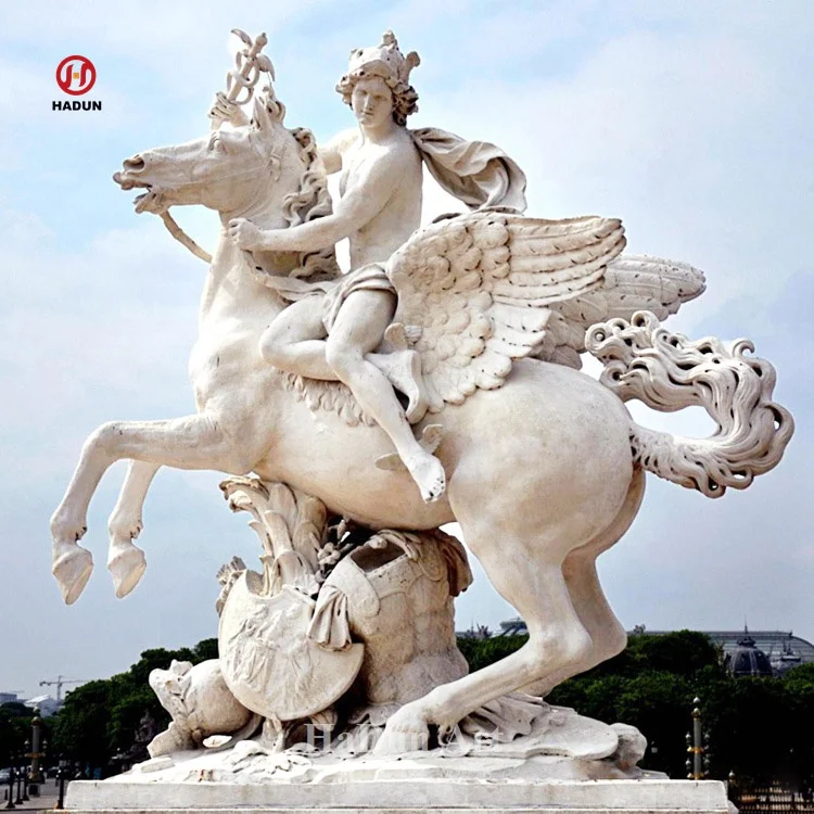 Natural Stone Hand Carved Renommee Riding the Horse Pegasus Marble Sculpture