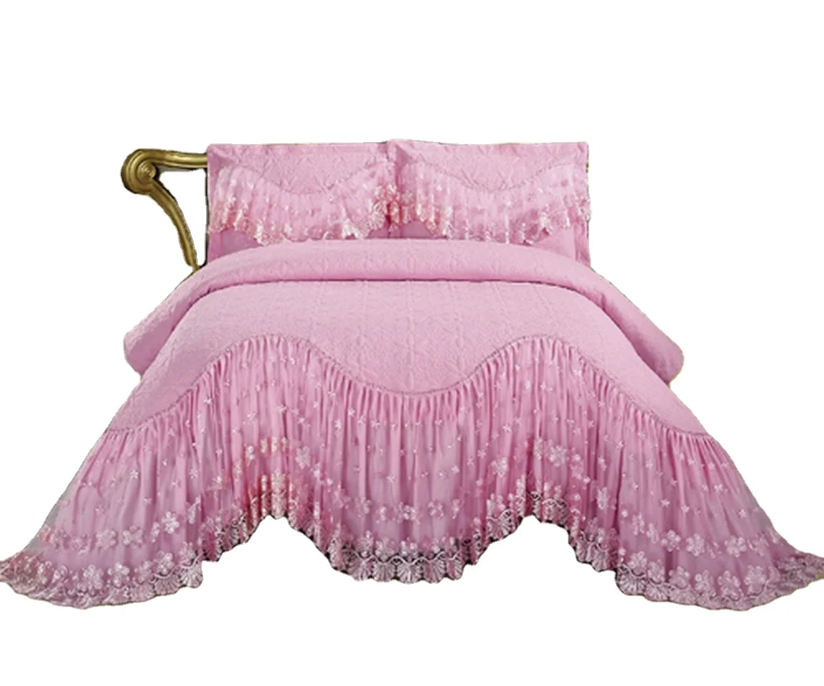 English Solid Color Heavy Glace Cotton Quilted fancy Bed sheet 100% Nature Linen  Bedspread Set-Luxury Quilting Design