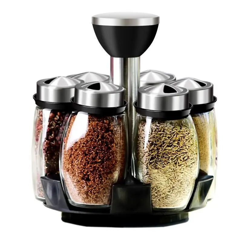 1/7pcs Spice Jar Set Rack Glass Organizer Rotating Glass Seasoning Sugar Pepper Bottles Salt Shakers Holder Kitchen Storage Rack