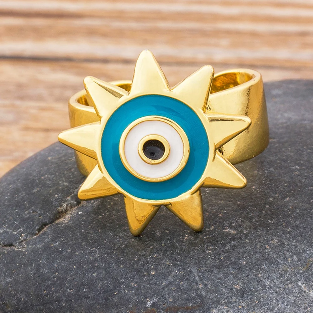 QIKU Fashion Gold Plated Enamel Blue Evil-Eye Ring Adjustable Eye Knuckle Rings Copper Woman Turkish Eye Jewelry