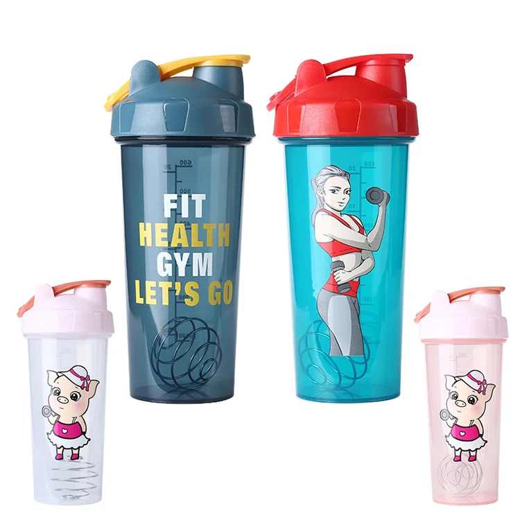 Wholesale Stocked 20 Ounce 600ml Printed Cartoon Pe Protein Shaker Protein Shaker Bottle Cup With Stirring Ball