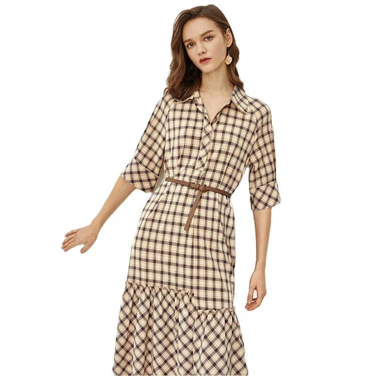 
2020 Latest Checkered Style Women Shirt Dress Brown Plaid Short Sleeve with Waist Belt Casual Dress for Women 