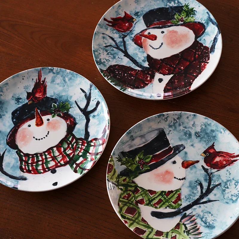 Christmas Winter Hand-painted Ceramic Plates Cute Snowman Western Food Plates Steak Plates Set