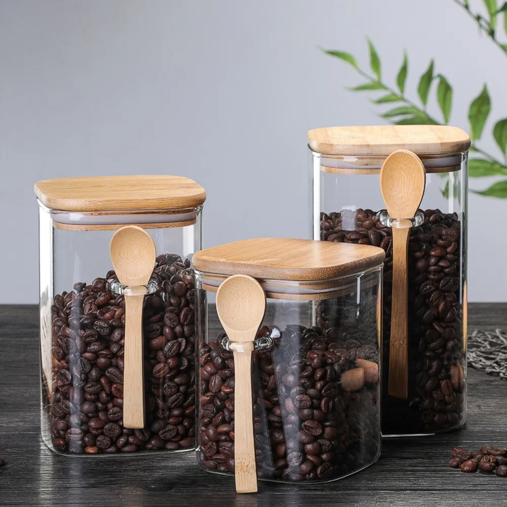 Wholesale Kitchen Storage Jar Food Square Clear  glass container jar with spoon kitchen utensils with Bamboo Lid