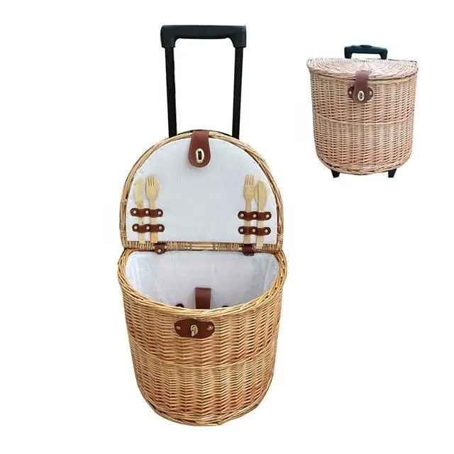 JY Wholesale  Decorative Woven Picnic Basket Wicker Wicker Picnic Basket Set Round Insulated Wicker Picnic Basket with Wheels