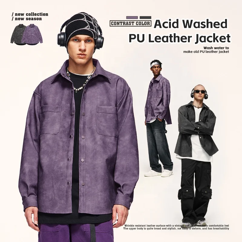 INFLATION Leather jacket men Acid Washed Vintage Autumn plus size Custom jacket