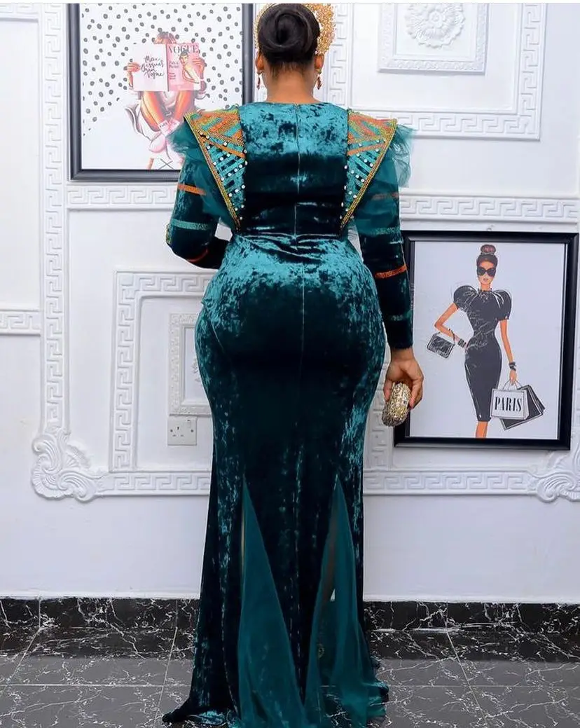 African Fashion Velvet Elegant Luxury Noble Temperament Diamond Long Evening Dress Turkey Ladies Wedding Party Outfits