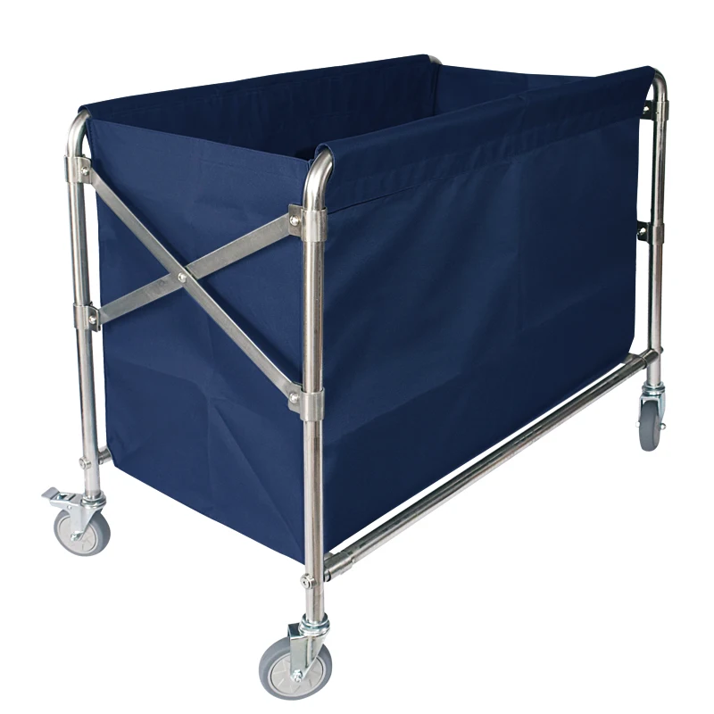 
Hotel Cleaning Car Foldable Stainless Rolling Wheel Canvas Linen Cloth Steel Service Trolley Cart Luggage Basket 