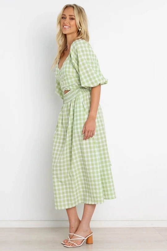 Summer Balloon Mid Sleeves Elastic Cuff Wrap V Neck Self Tie Cut Out Detail Shirred Waist Green Gingham Maxi Dress