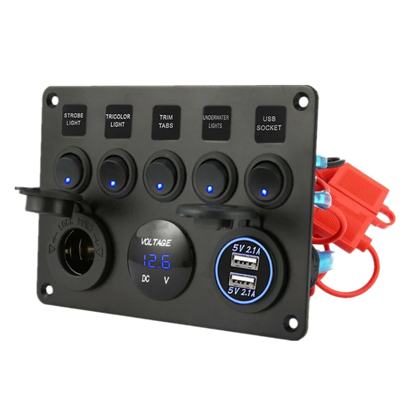 
Waterproof DC 12V 24V Aluminum Panel with 5 gang Blue Led Rocker Switch, 4.2A USB and Power Charger for Marine Car Boat  (62532300422)