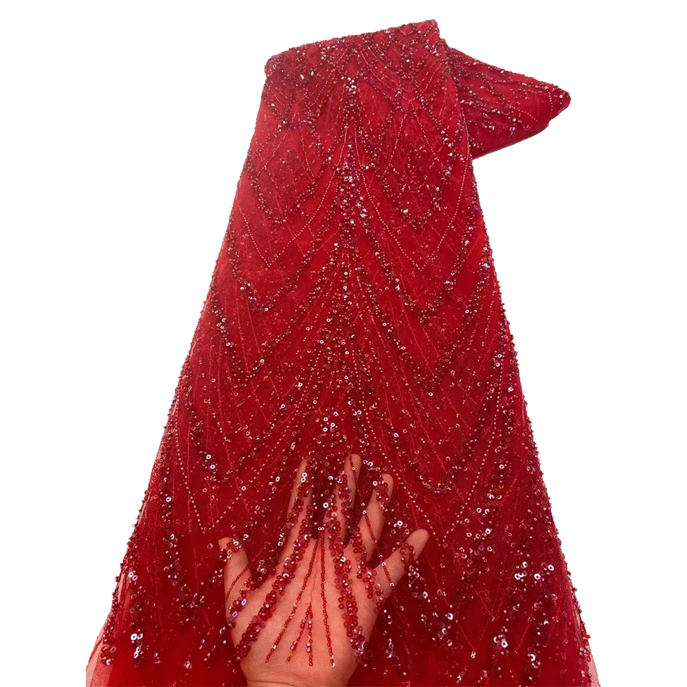 NI.AI Baby Pink Sequins French Lace Fabric With Sequence And Embroidered High Quality Beaded Lace Fabric For Women Party Dress