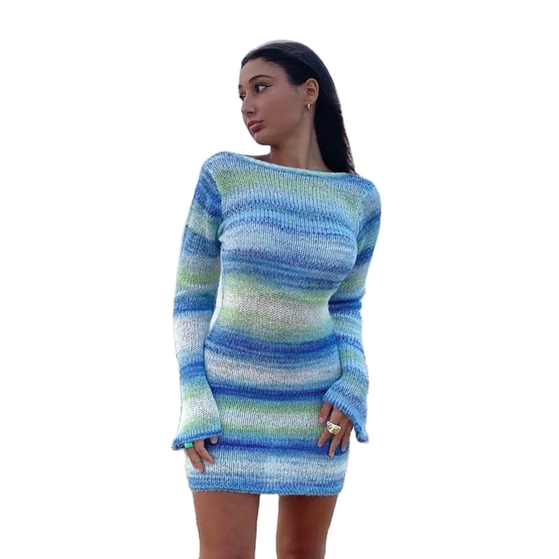 Women Gradient Stripe Knitting Natural  O-Neck Knee-Length Autumn Pencil Dress