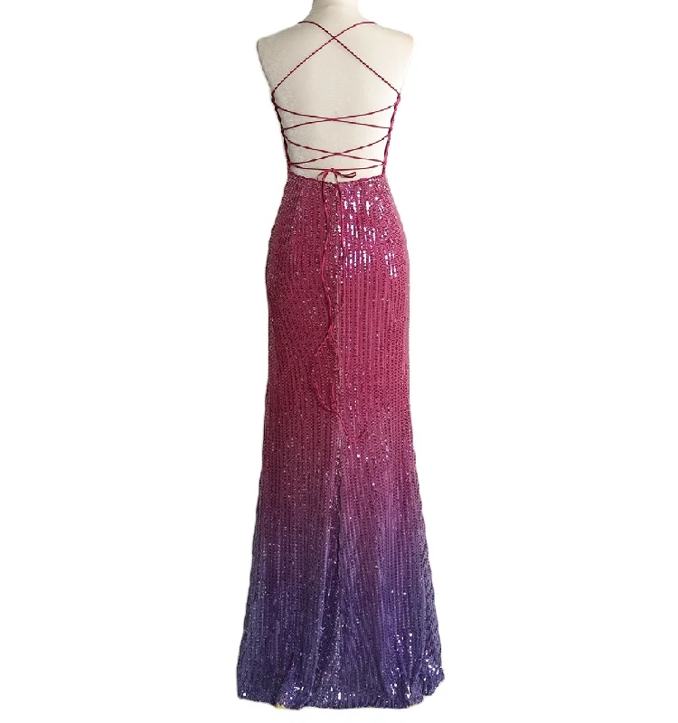 Open back lace up thigh slit  gradient  sexy sequin pronm  lady elegant romantic   women party dresses long evening