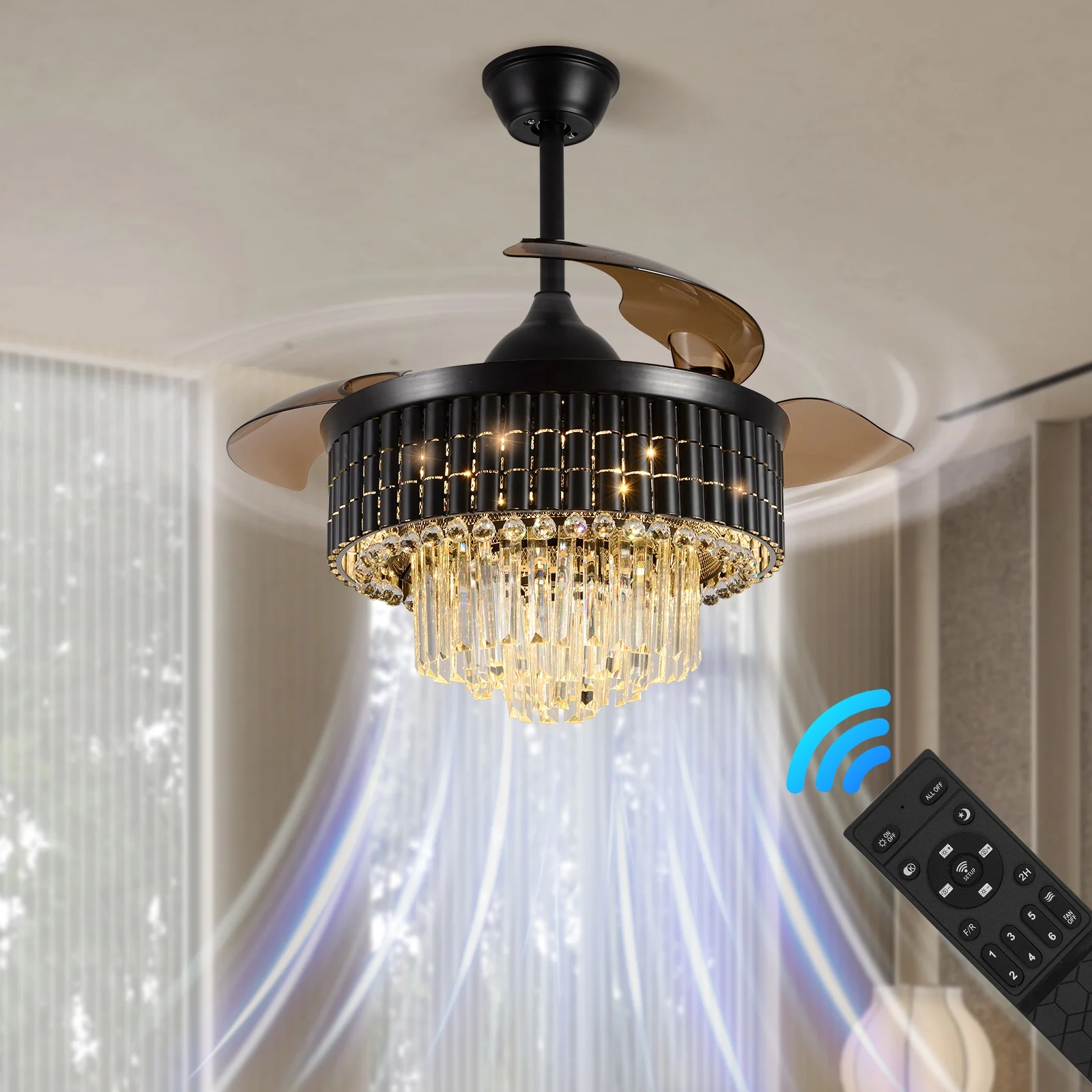 35W DC Motor black 42 inch 3 blades PVC remote control 6 speeds crystal ceiling fan with light