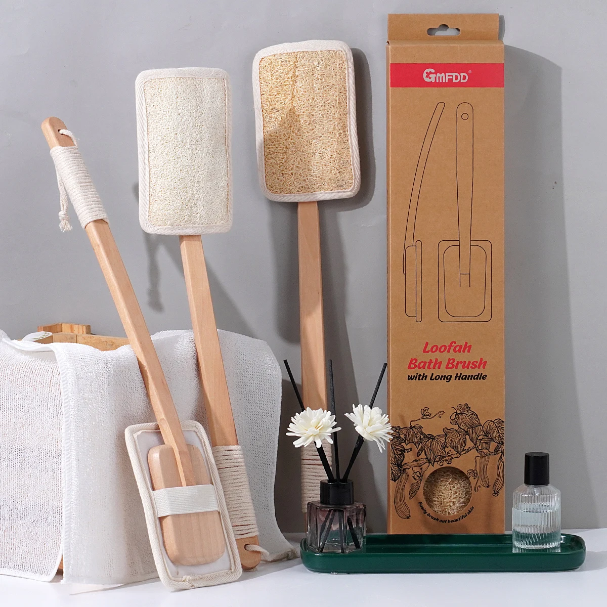 Luffa Loofah Sponge Exfoliating with Long Wooden Handle Natural Back Scrubber for Shower Bath Body Brush