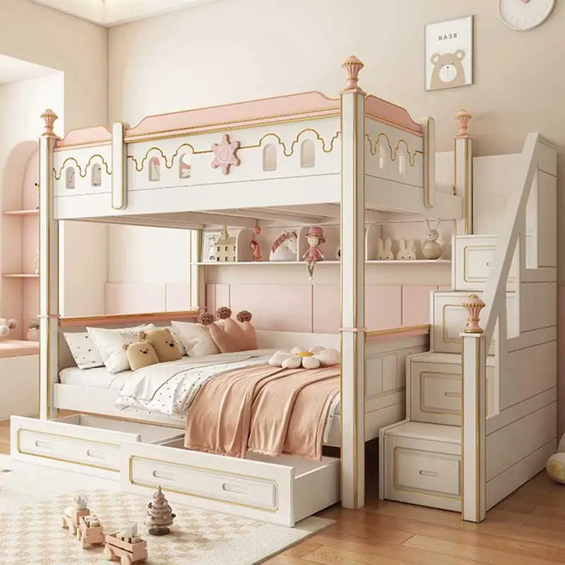 Modern Wood Adult Children Double Bunk Bed Home Furniture Bedroom sets Luxury Wooden Girls Kids Bunk Beds With Storage Slide