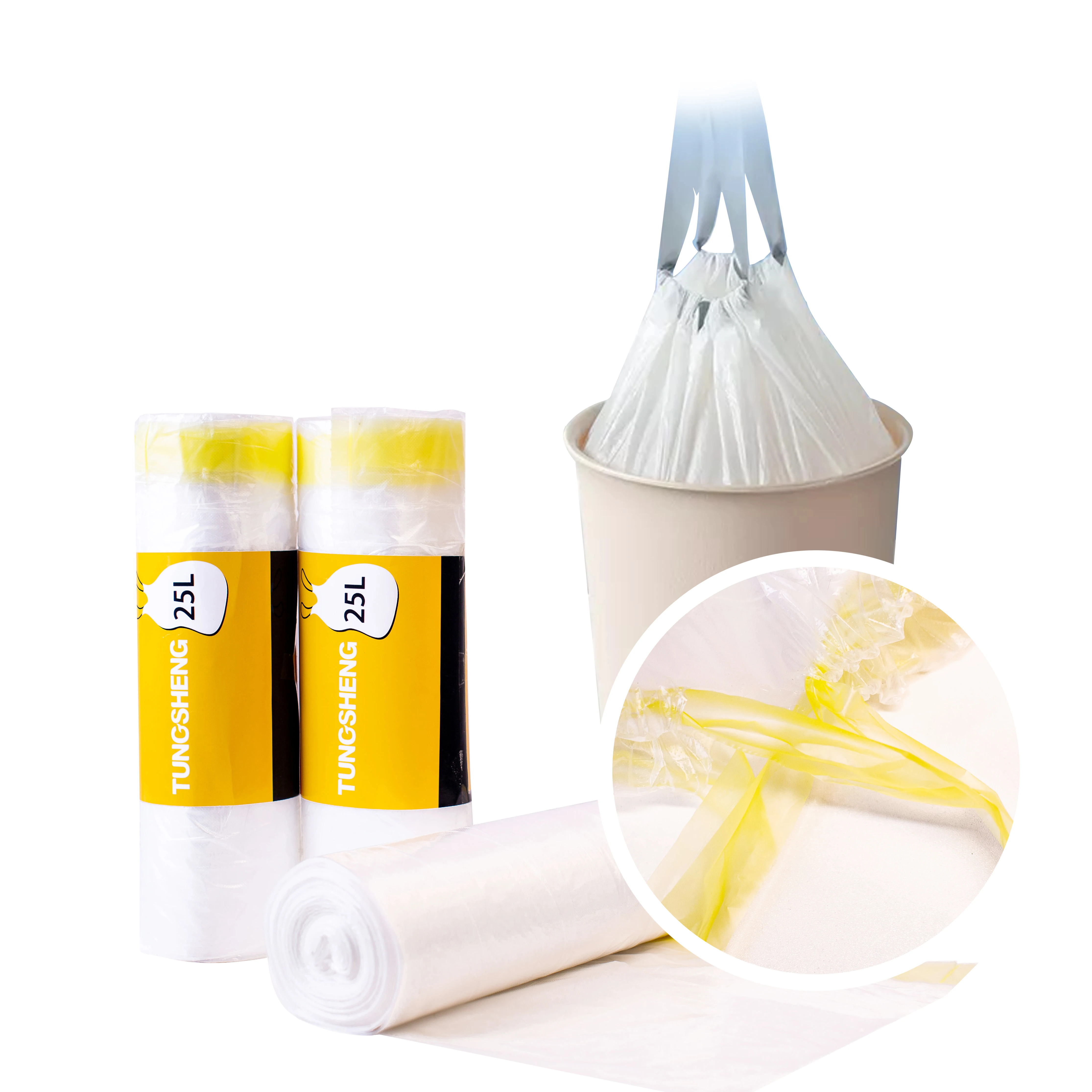 Wholesale 13 Gallon Clear Strong GRS Plastic Disposable Poly Draw String Garbage Bag Sustainable Plastic bags