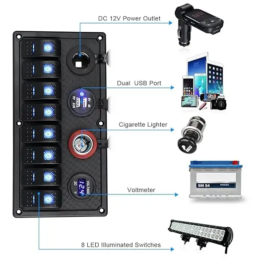 12V 8 Gang Marine Boat Switch Panel ON OFF 5 Pin Toggle Switches Panel with LED Circuit Breaker 3.1A USB Charger Voltmeter