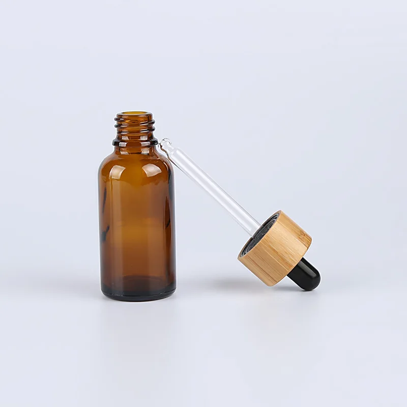 Glass Dropper Bottle Bamboo Lid Cap Amber Essential Oil Vial Industrial Facial Cleanser Eye Drops  20ml 15ml