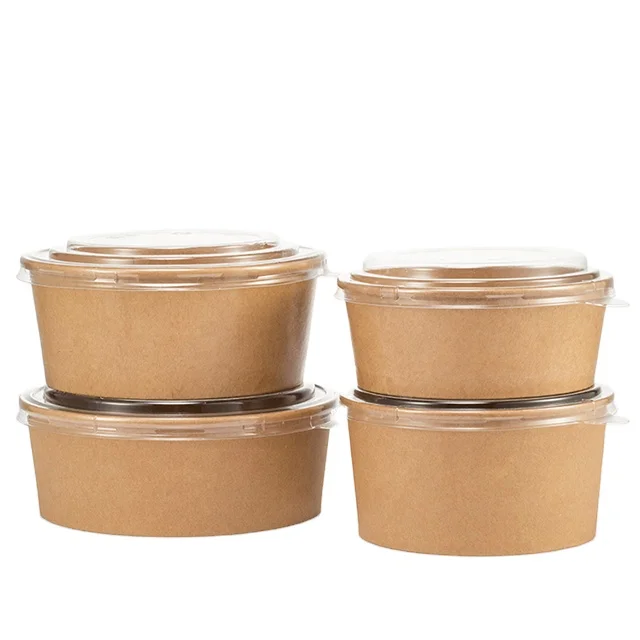 Custom Print Eco-friendly Disposable Food To Go Packaging Container Kraft Paper Bowl Rice Soup Cup Take Away Salad Bowl With Lid