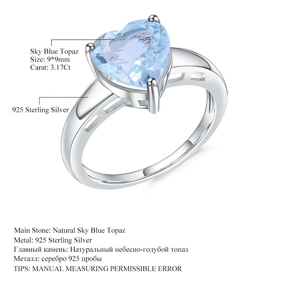 Abiding Natural Sky Blue Topaz Gemstone Sterling Silver Fashion Jewellery Wedding Heart Ring for Women