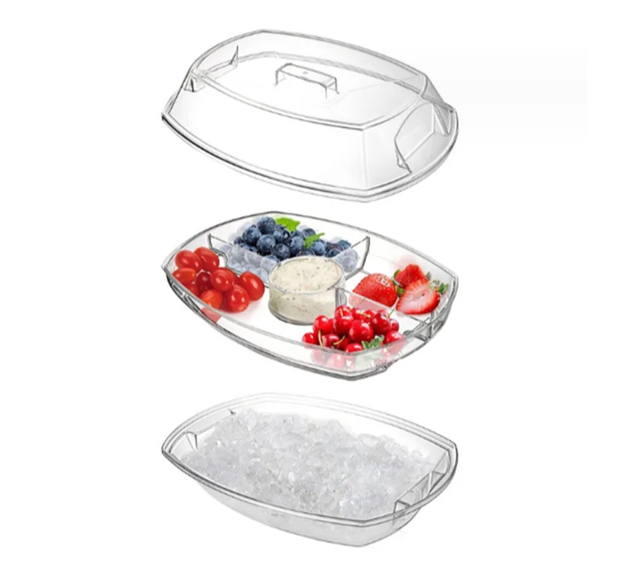 Chilled Veggie Tray 15 Inch Plastic Clear Party Platter Ice Serving Bowl with Lid Cold Food Buffet Server with 4 Compartments