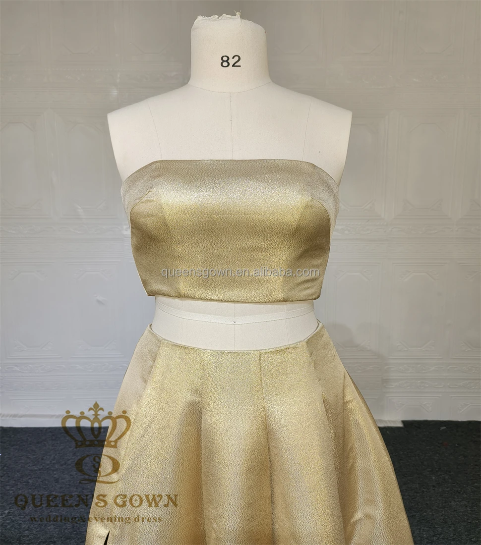 QUEENS GOWN Custom Made Strapless Two Pieces Party Dress Classic Golden Glitter A-line Slit Evening Dress