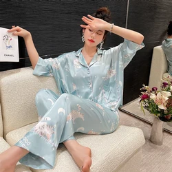 Fashion Women New Long-Sleeve Loose and cute cat print Satin Sleepwear Pajamas Loungewear Set