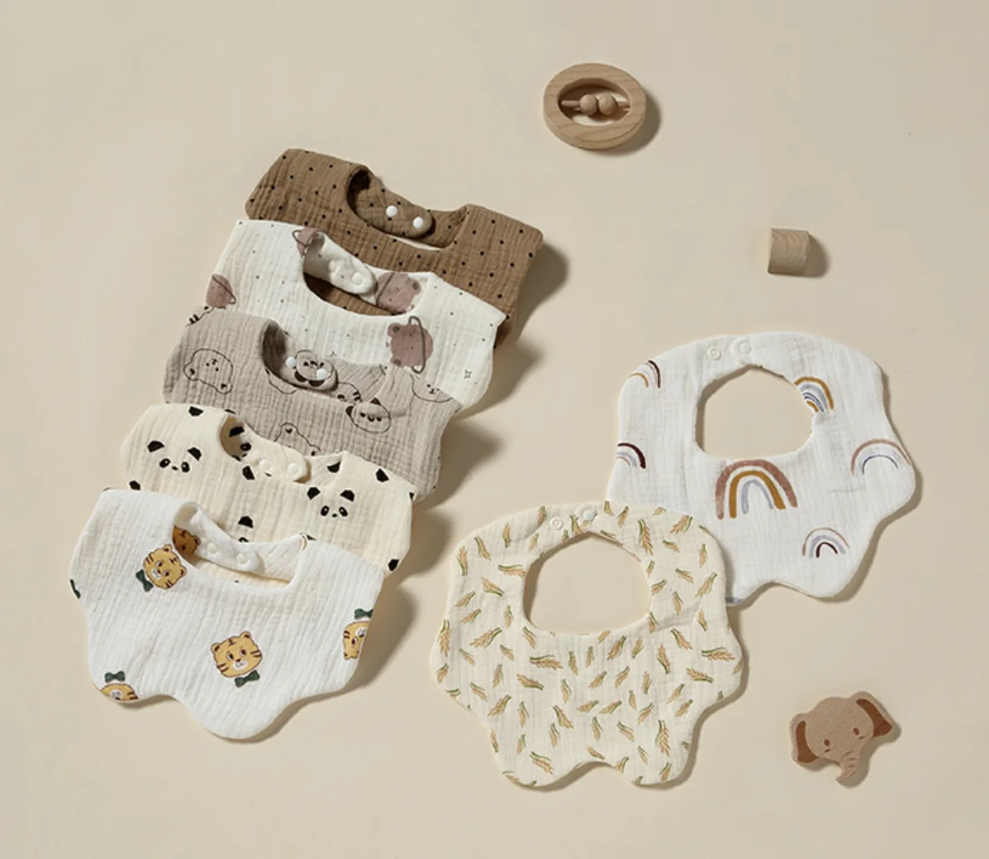 100% Cotton Super Absorbent Baby Muslin 6 layers printing Bibs for Eating Drooling and Teething colorful bandana organic muslin