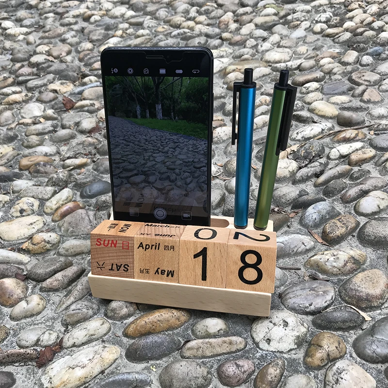 Hot Sale Exquisite Popular Wooden Desktop Calendar with Pen Holder Wooden Calendar