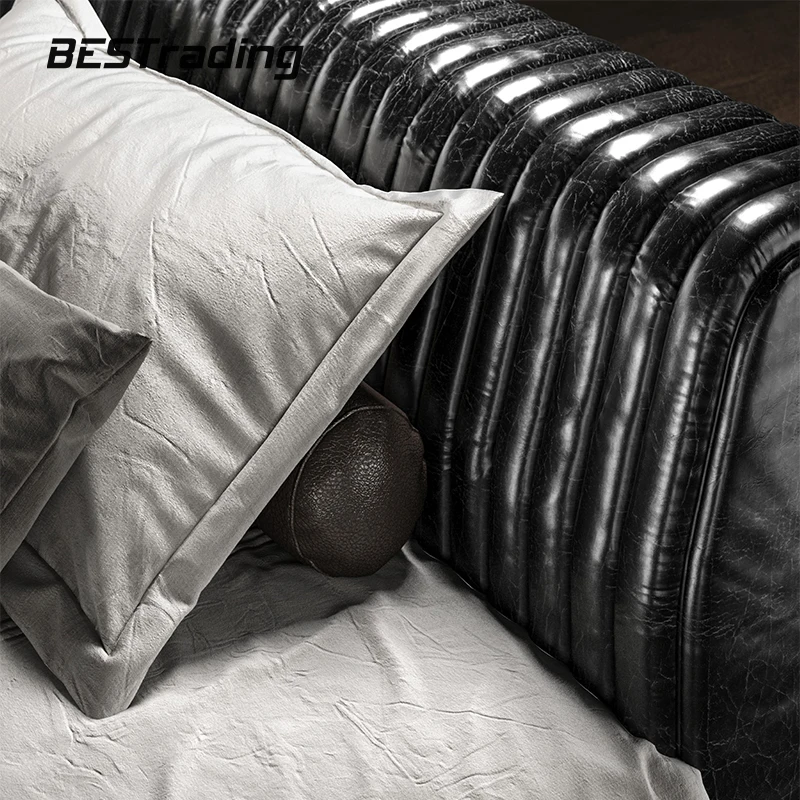 Luxurious retro latest design beds for the elderly queen furniture bedroom double leather wooden beds