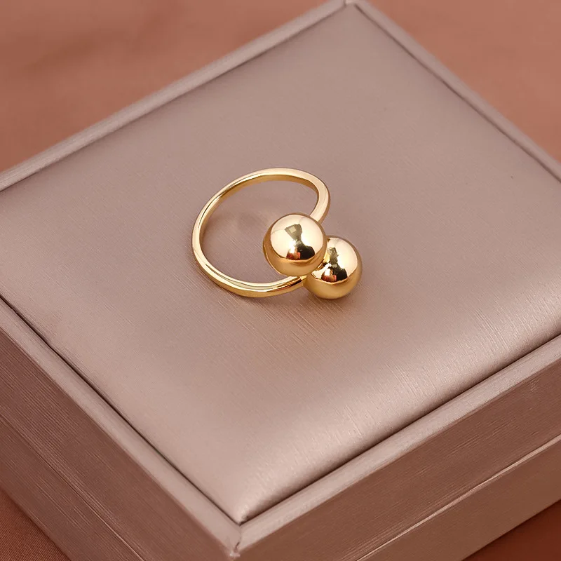 Fashion Gold Plated Open Size Metal Double Ball Finger Rings For Women Lady Gift