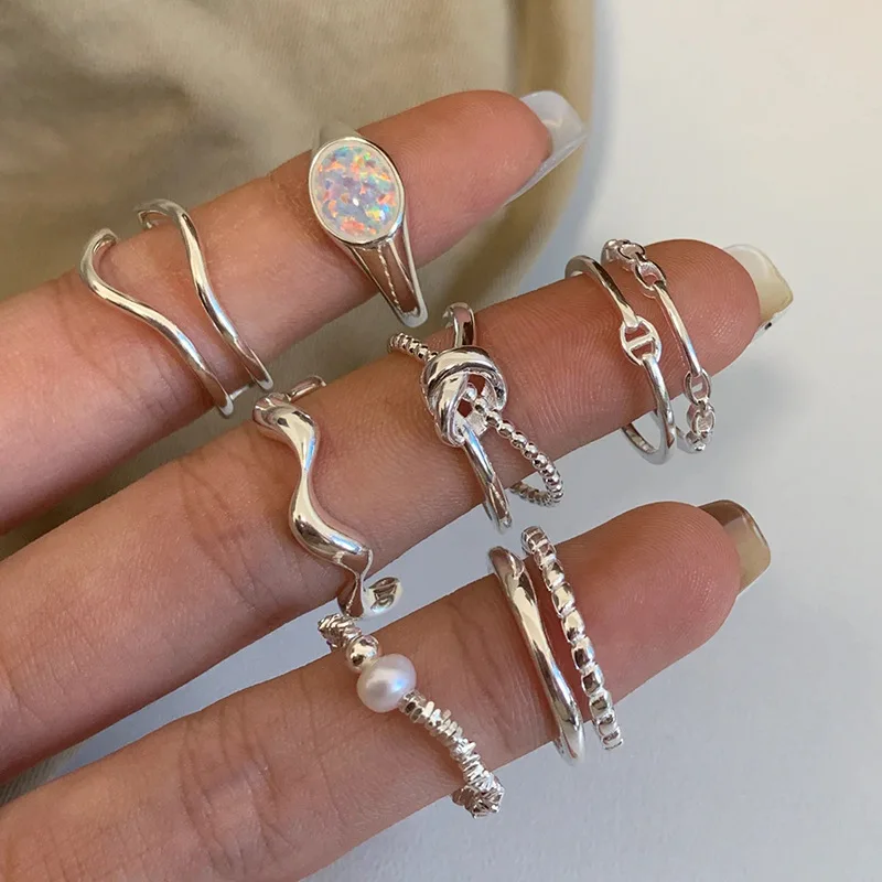 Irregular Moonstone Simple Plain Ring Women All-match Design Gold Plating Sterling Silver Copper Color-Free Combination Ring