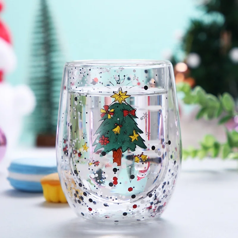 New Christmas Cup Heat Resistant Double Wall Layer tumbler Egg Shaped Christmas tree mug With Flowing Sequins Cute Snowflake