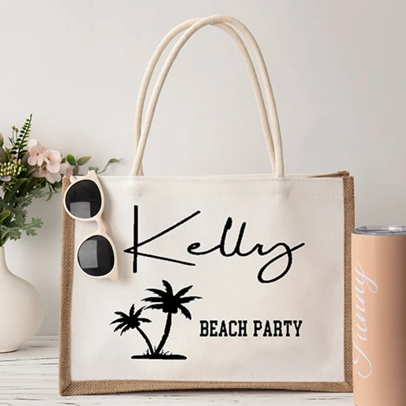 Custom Beach Burlap Tote Bags Personalized Bridesmaid Bachelorette Bridal Party Girls Trip Gifts Canvas Jute Shopping Tote Bag