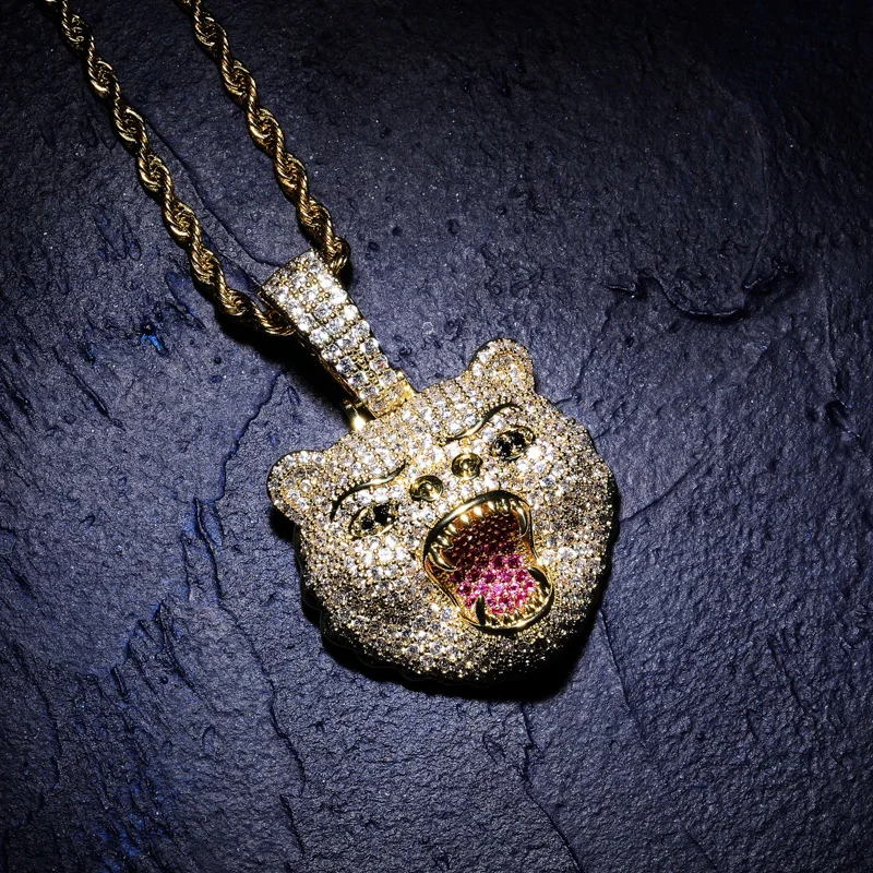18K Gold Plated Bling Bling Full Iced Out Hip Hop Bear Pendant For Men