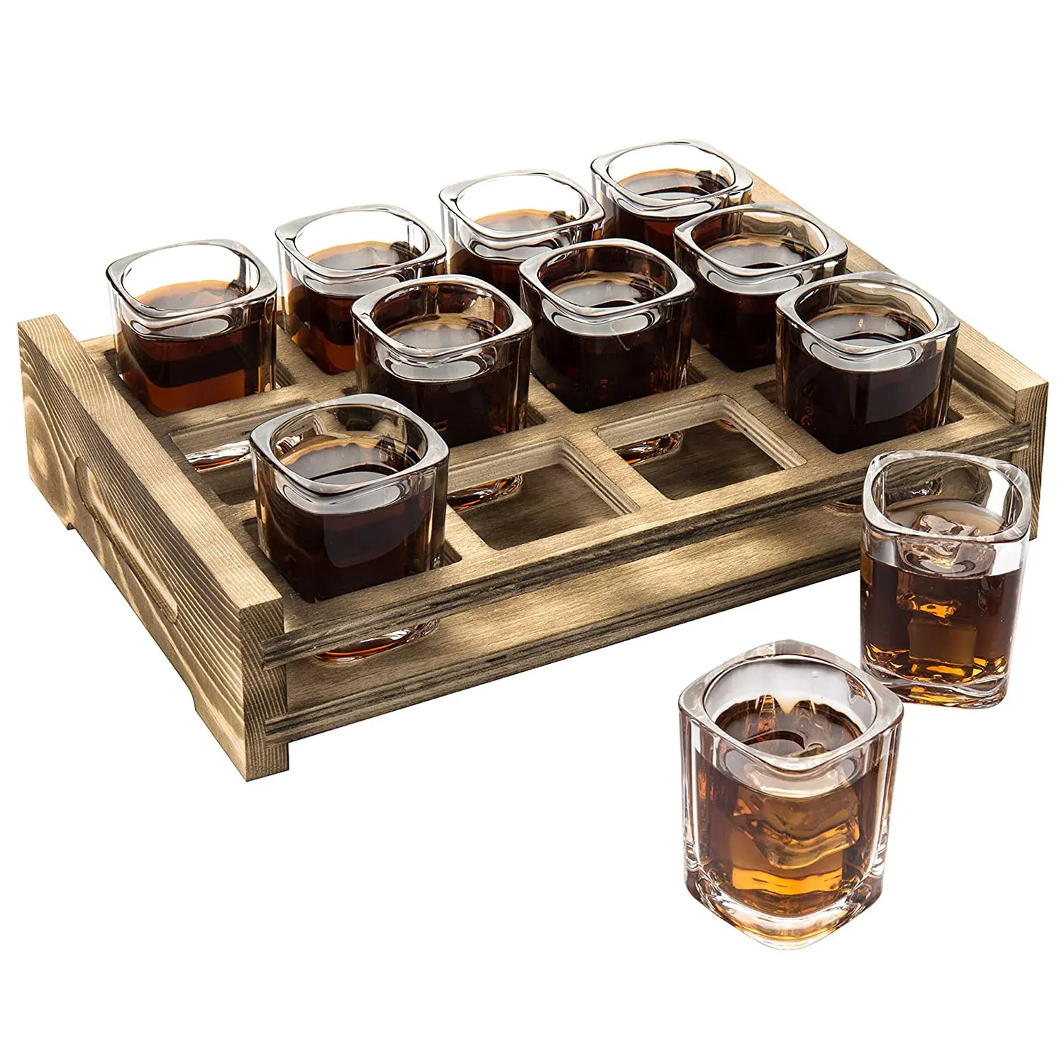 Shot Glasses Server Set Includes 12 Square Glasses and Whitewashed Wood Serving Tray