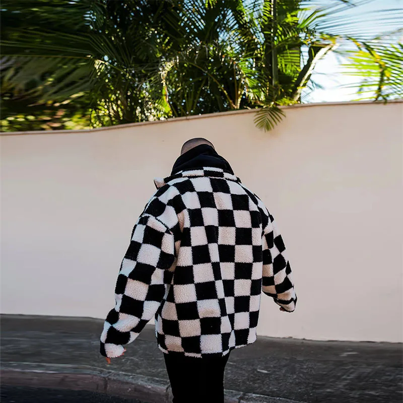 New Autumn and Winter Fashionable Jacket Outerwear Youth Loose Black and White Checkered Jacket High Quality Thick Coat OEM
