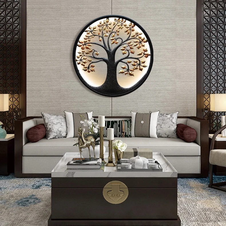 2022 New Trends Round Luxury Led Light Tree of Life Metal Wall Art Decoration
