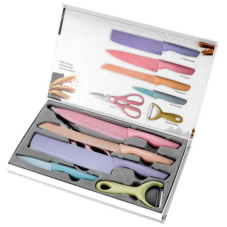 Kitchen Accessories 6 PCS, Wheat Straw Colorful Knife Set Stainless Steel Kitchen Knife Set with Gift Box/