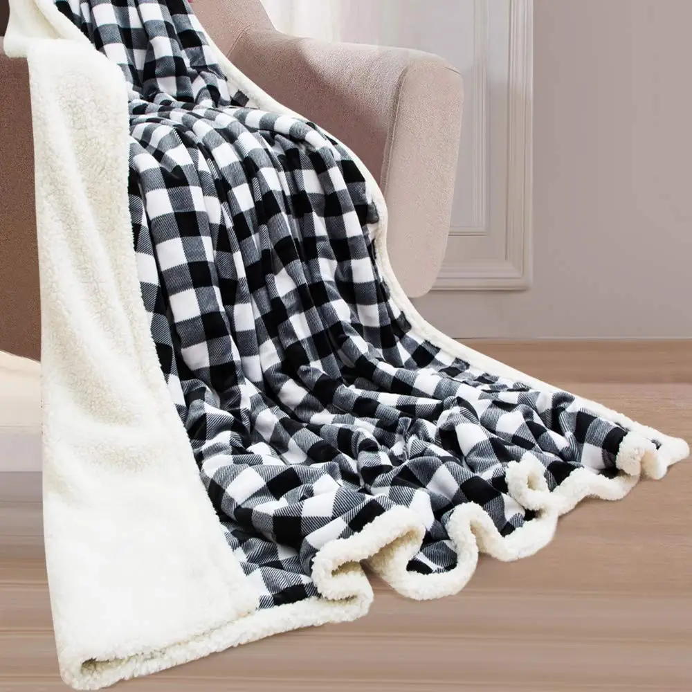 Christmas Sherpa Plaid Printed Super Soft Custom Plush Sherpa Fleece Throw Blanket for Sofa Bed