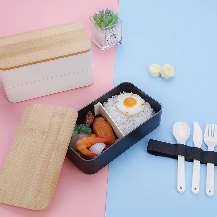 Portable Food Mealtime Double Layers Containers Leakproof Bamboo Lid Lunch Bento Box